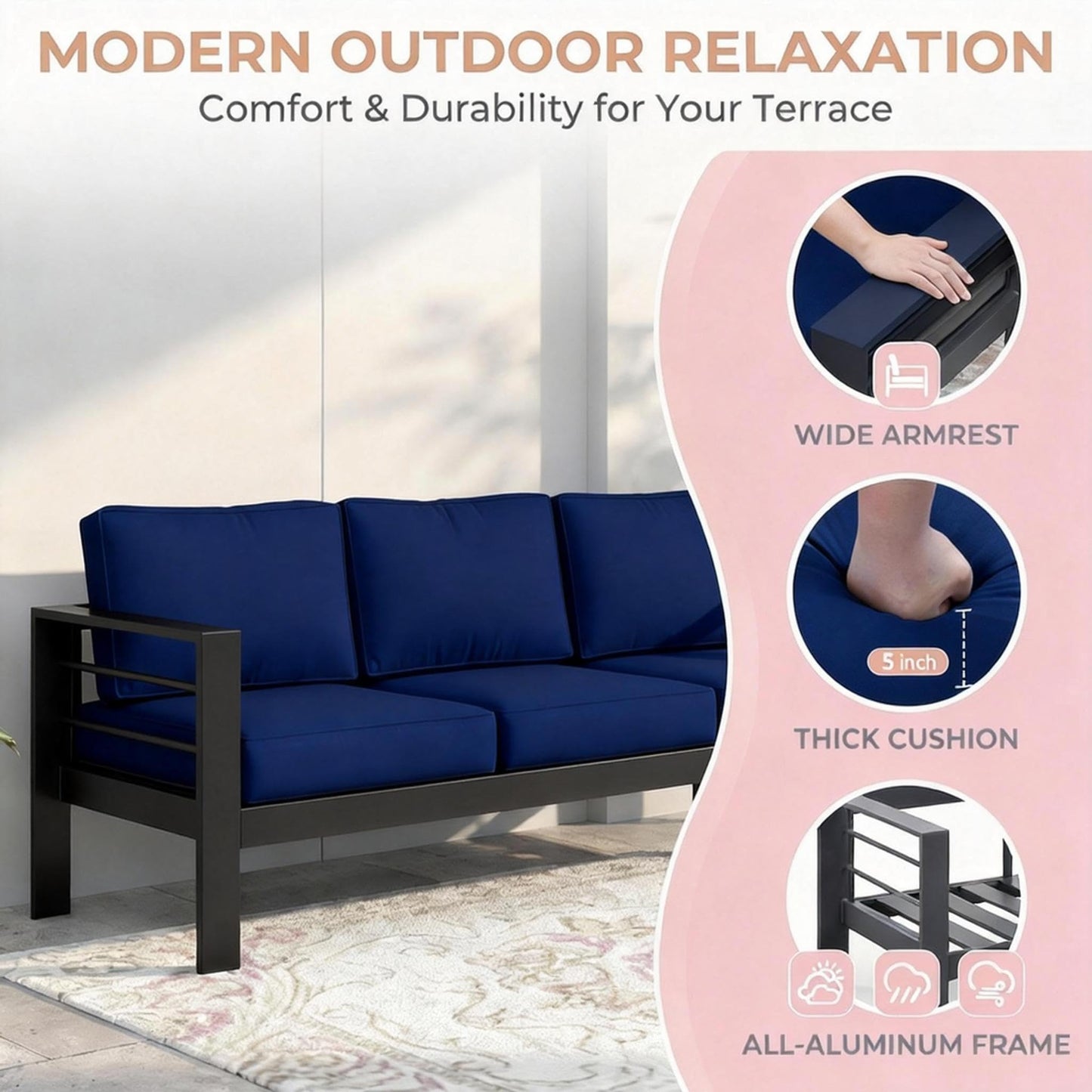 Kiss the Water 3 Seats Aluminum Outdoor Patio Sofa Set, All Weather Rust-Proof Metal Patio Couch, Modern Outdoor Furniture for Backyard Porch Garden, 5" Thick Waterproof Olefin Cushions, Light Grey