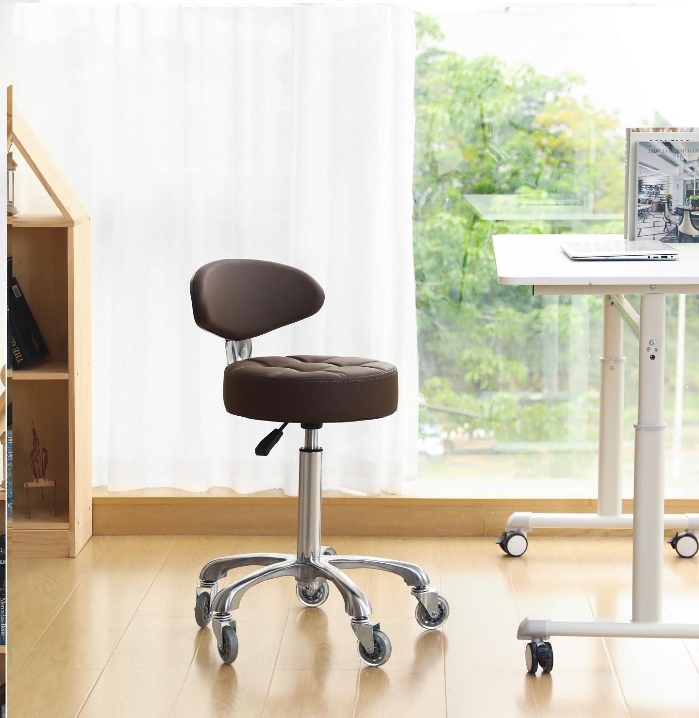 Kaleurrier Swivel Stool Adjustable Height: Heavy Duty Rolling Stool Chair for Kitchen Salon Bar Office Drafting Standing Desk Garage Shop - Seat Height 22-30"(with Back Rest) (Coffee)