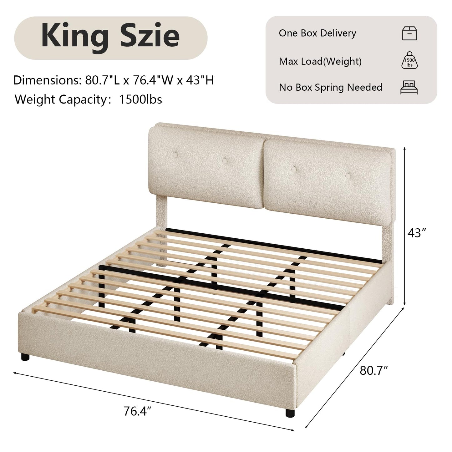 IMMERSTABLE King Size Bed Frame, Boucle Upholstered Bed Frame with Headboard, Removable and Washable, No Box Spring Needed, Wood Slat Support, Easy Assembly, Beige