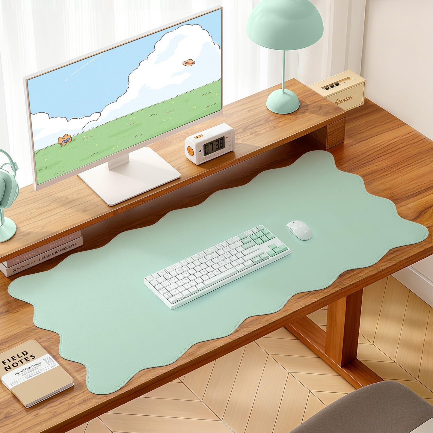 NXZGO PU Leather Desk Pad, Scalloped Non-Slip Mouse Pad & Large Desk Mat Cover Stitched Edges Writing Pad for Office, Home - Waterproof, Easy to Clean, Durable Surface I 31.4"x15.7", Mint Green