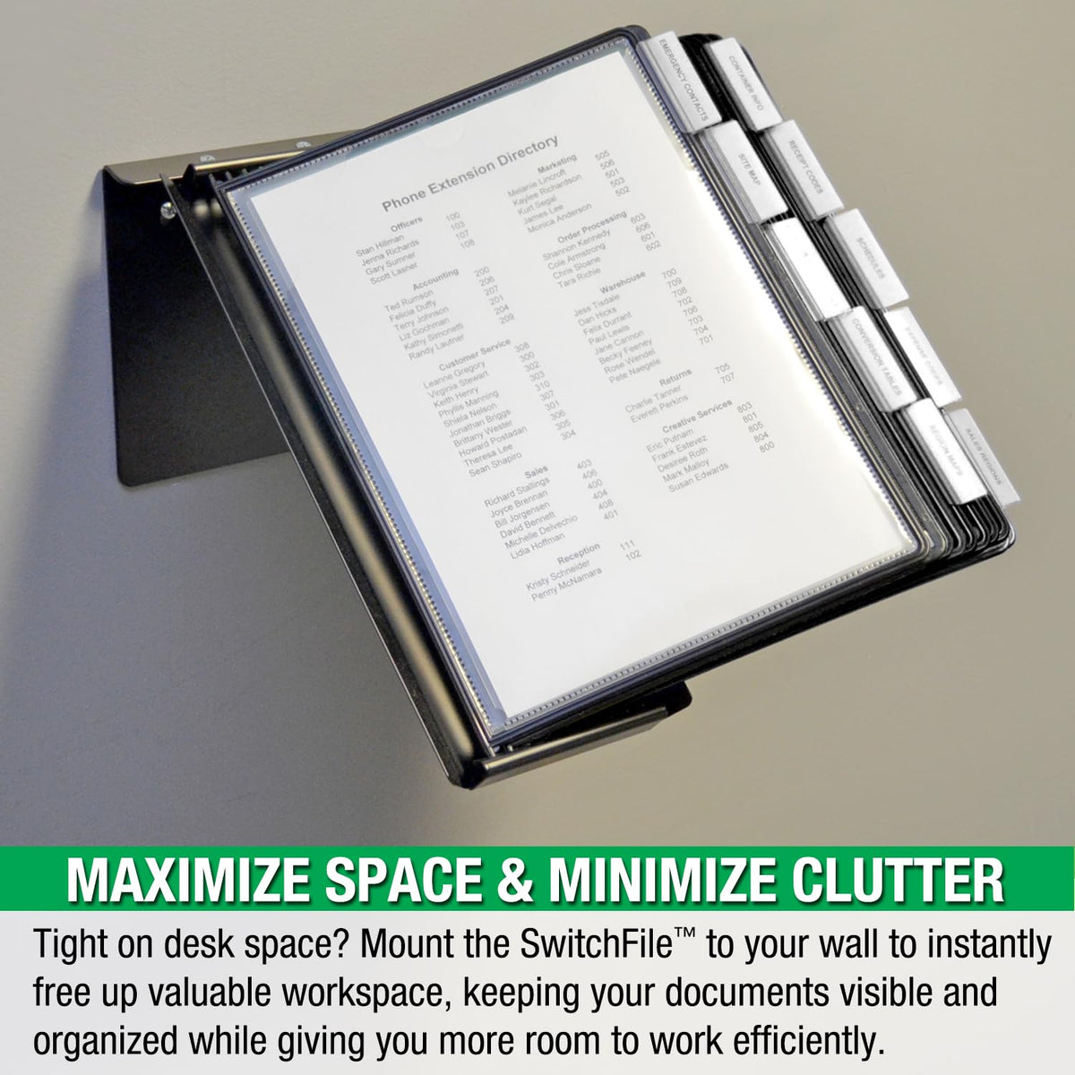 Ultimate Office SwitchFile Reference Organizer Displays Both Landscape or Portrait Documents, Desk or Wall Mount, Featuring, 10 EZ-Load Pockets to Hold 20 Sheets of Paper, Black Pockets