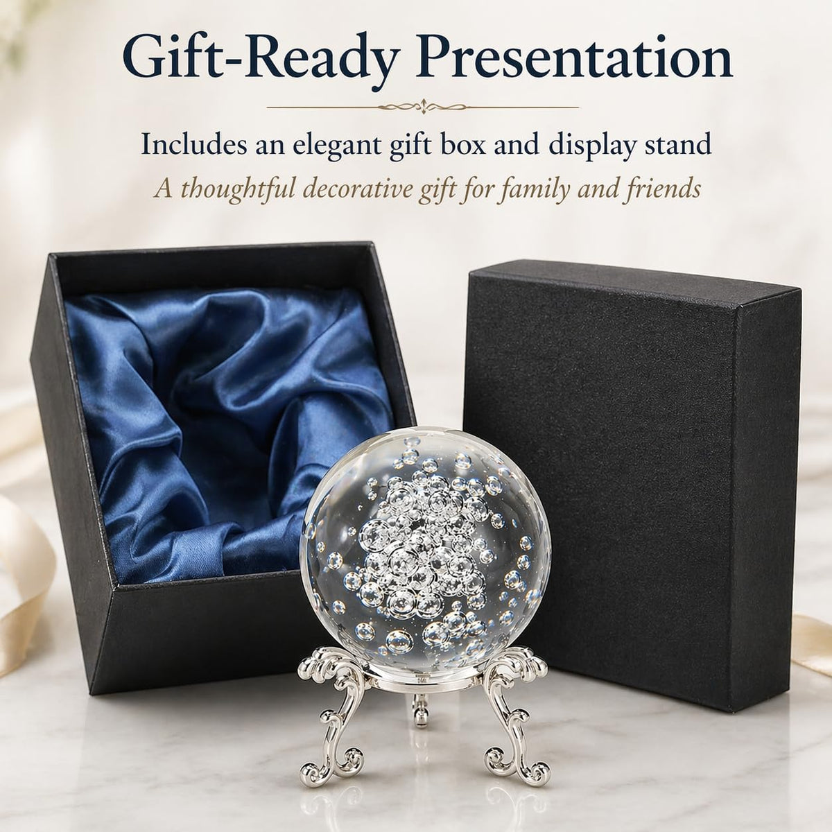 Crystal Ball Glass Globe Decor - Crystal Sphere with Stand & Gift Box, Clear Decorative Crystal Globe, 3D Crystal Ball for Home Decor Photography, Gazing Divination Fengshui Meditation, 4 inch/100mm