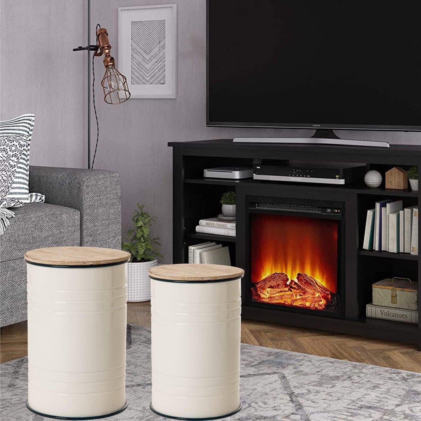 Glitzhome Rustic Storage Ottoman Seat Stool, Farmhouse End Table, Galvanized Dark Blue Rim Imitation Enamel Accent Side Table Toy Box Bin with Round Wood Lid for Living Room, Set of 2, White