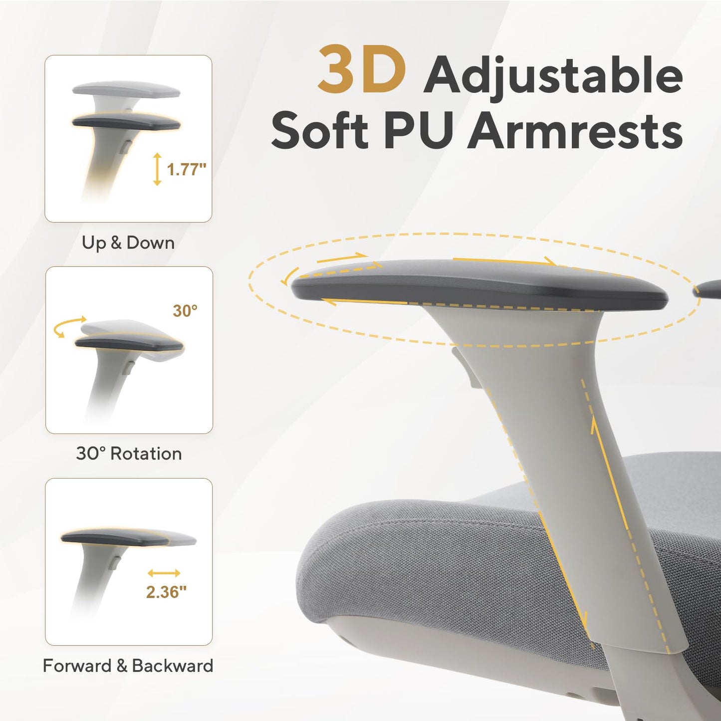 Nouhaus Fluido Ergonomic Office Chair, High Back Mesh Computer Chair w/Height Adjustable Lumbar Support, Backrest & Headrest, Dynamic Back Support, 3D Armrests, Home Office Desk Chairs Comfy (Grey)