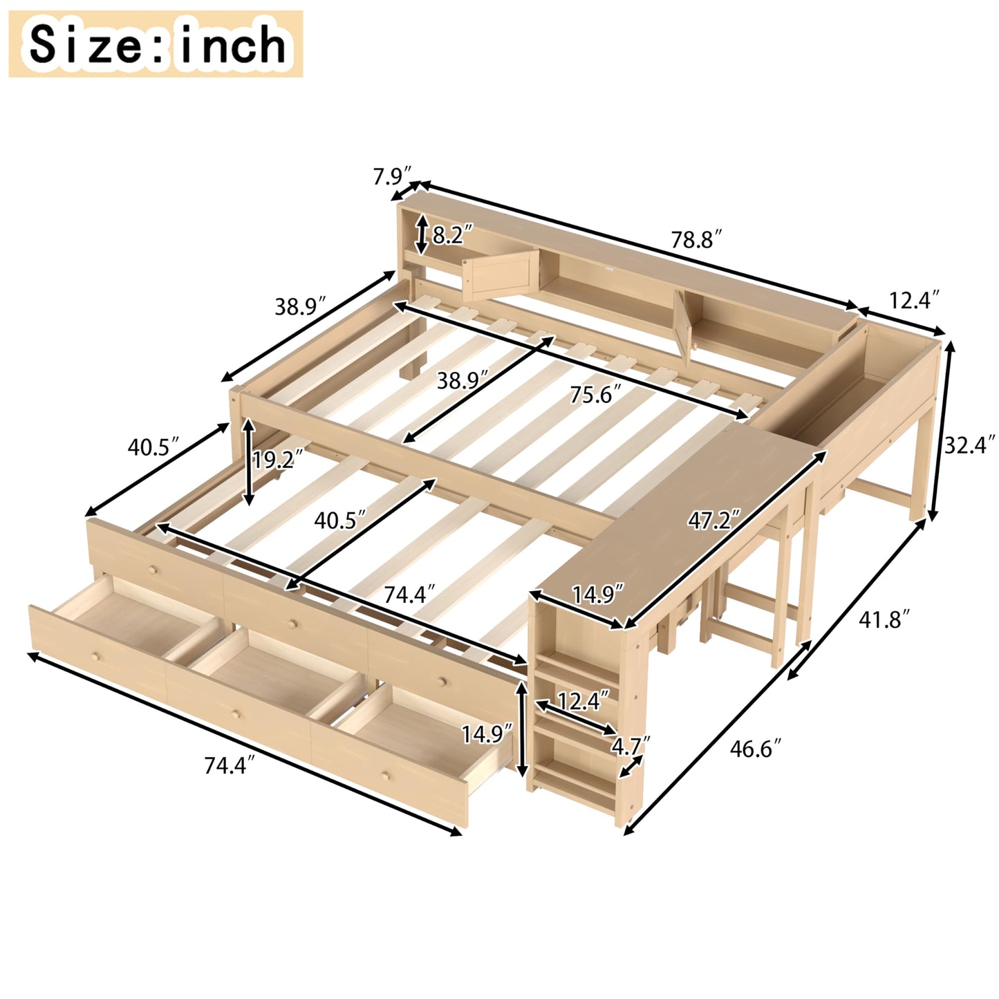 Daybed with Pull-out Desk and Trundle, Twin Size Wood Bed Frame with Multiple Storage Drawers, Open Shelves and Cabinets for Kids Adults Bedroom Furniture, Multifunctional L-Shaped Sofa Bed (Golden)