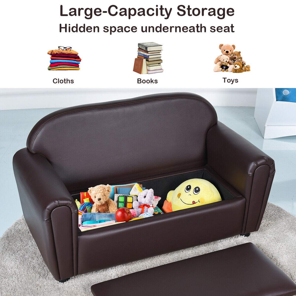 Costzon Kids Couch, 2 in 1 Double Seat Children's Sofa w/Under Seat Storage, PU Leather Surface, Toddler Armrest Chair, Kids Room, Soft Sofa with Storage for Preschool Baby Boys Girls Gifts