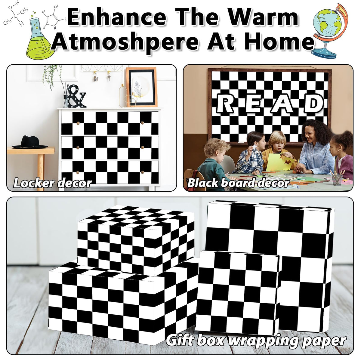 Black White Checkered Bulletin Board Paper Roll Black Plaid Bulletin Board Background Paper Back to School Classroom Decoration Poster for Art Craft DIY Home Office Classroom Supplies 17.7in x 20ft