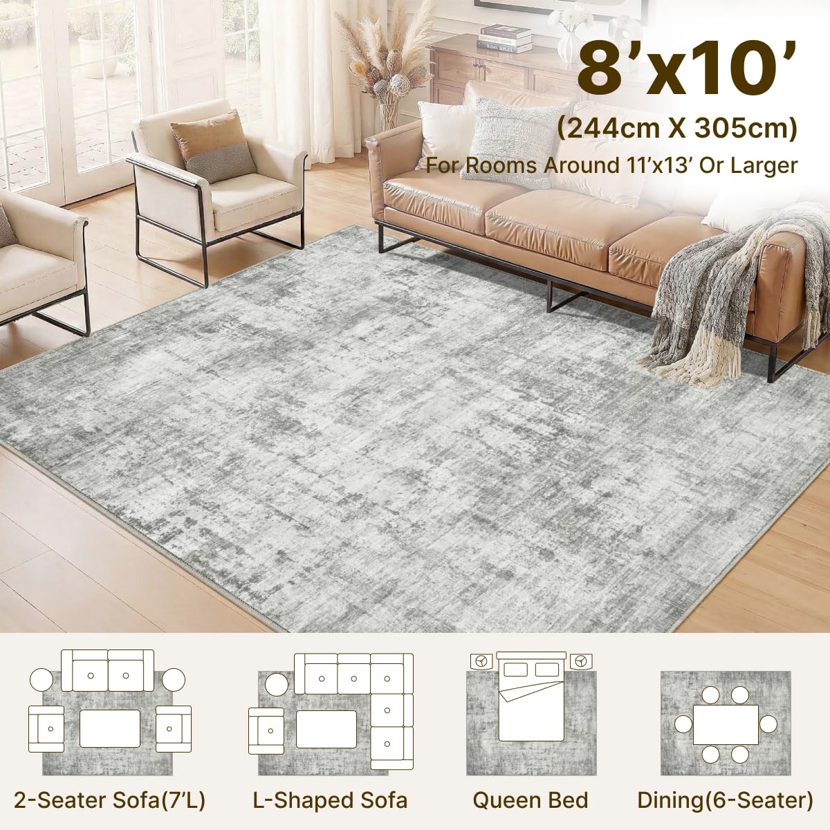 Syrlfar 8x10 Area Rugs Washable Living Room Rug-No Slip Soft Carpets Modern Abstract Indoor Floor Stain Resistant Large Carpet for Bedroom Dining Room Farmhouse Nursery Home Office Grey