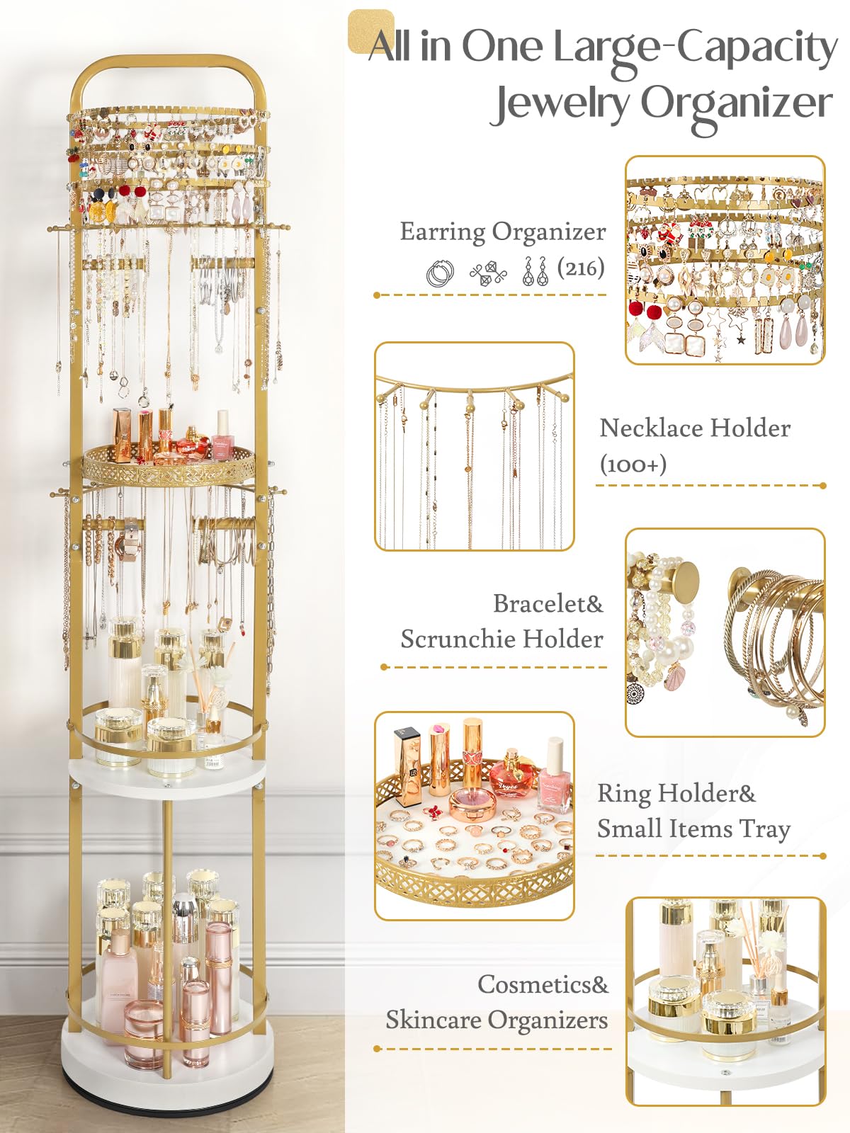 Jewelry Holder Organizer, Floor Jewelry Organizer with Earring Organizer Necklace Holder, Rotating Jewelry Stand Necklace Display Earring Storage, Large Hanging Jewelry Tree for Jewlery Bracelet Ring