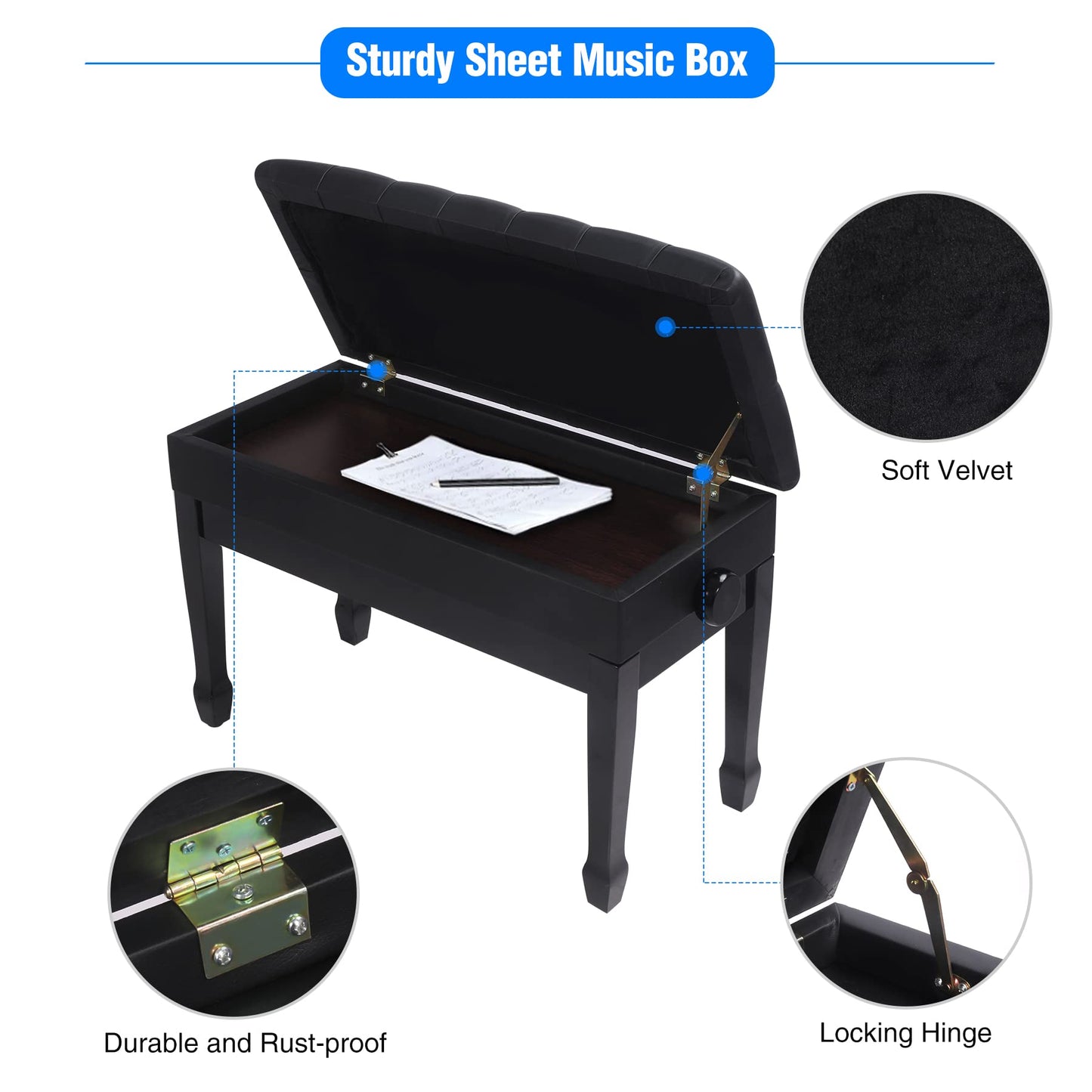 ALAPUR Adjustable Duet Piano Bench with Storage,Heavy Duty Wooden Double Keyboard Piano Bench Seat with PU Leather Cushion,Black