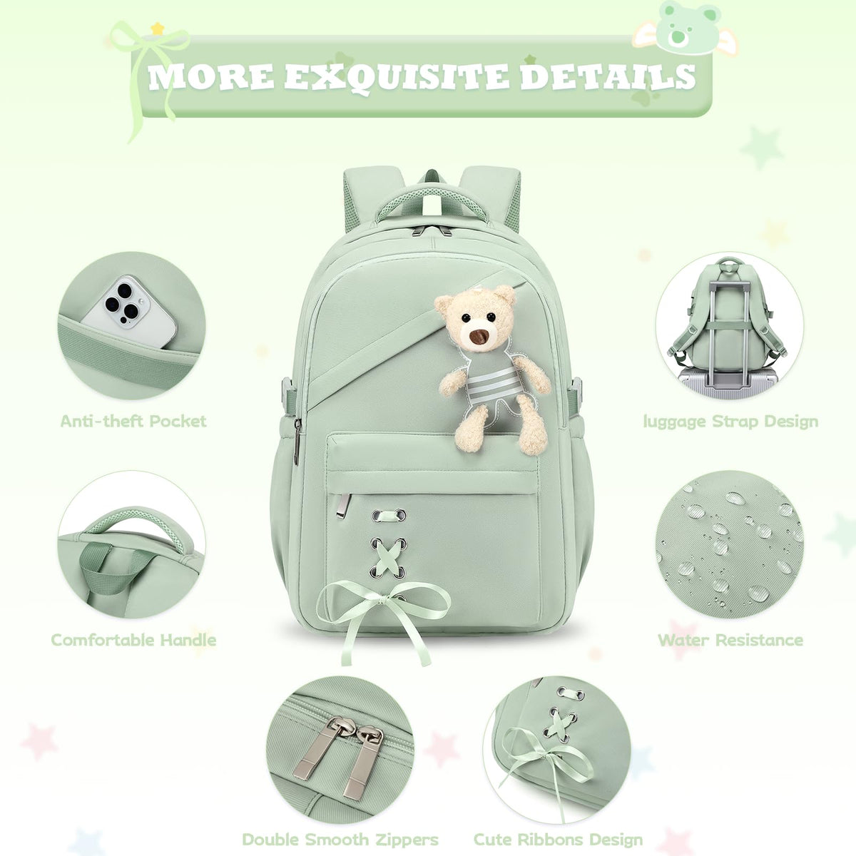 ACESAK School Backpack for Girls - 3 PCS Cute Girls Backpack with Lunch Box & Pencil Case - Kawaii Casual Kids Bookbag School Bag Daypacks Set for Elementary Middle High School Student Teens (Green)