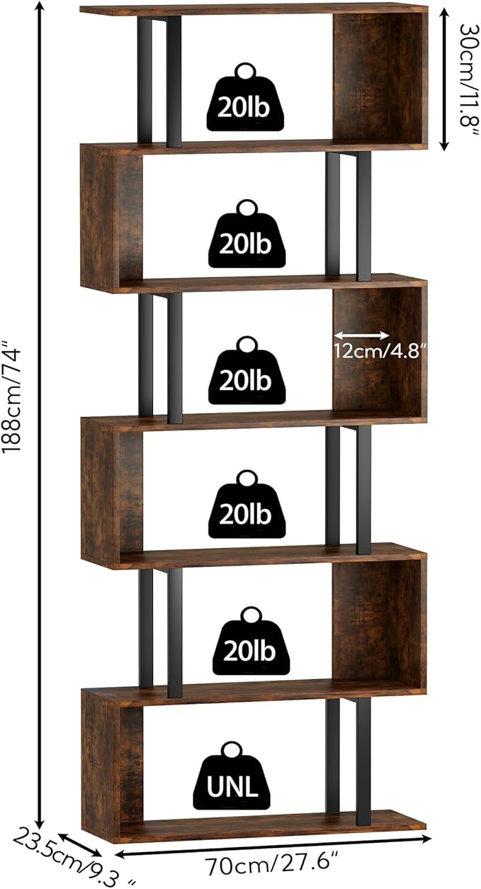 Yusong Geometric Bookcase, S Shaped Bookshelf 6-Tier Book Shelves