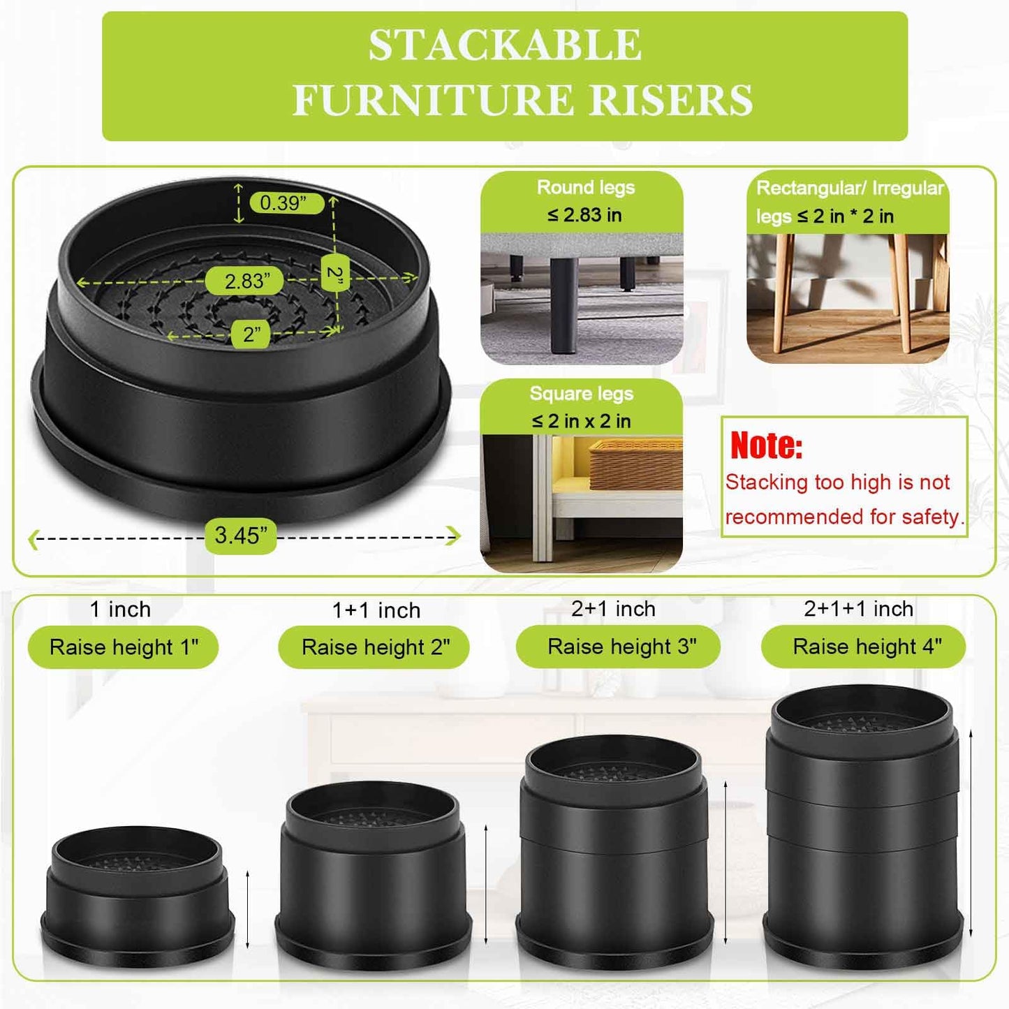 Yookwutar 4 Pack Furniture Risers 1 Inch, Adjustable Bed Risers Heavy Duty for Table Desk Couch Chair Sofa Cabinet Bed Frame Dorm, Round Stackable Table Leg Risers Lift Height 1", 2" or 3", Black