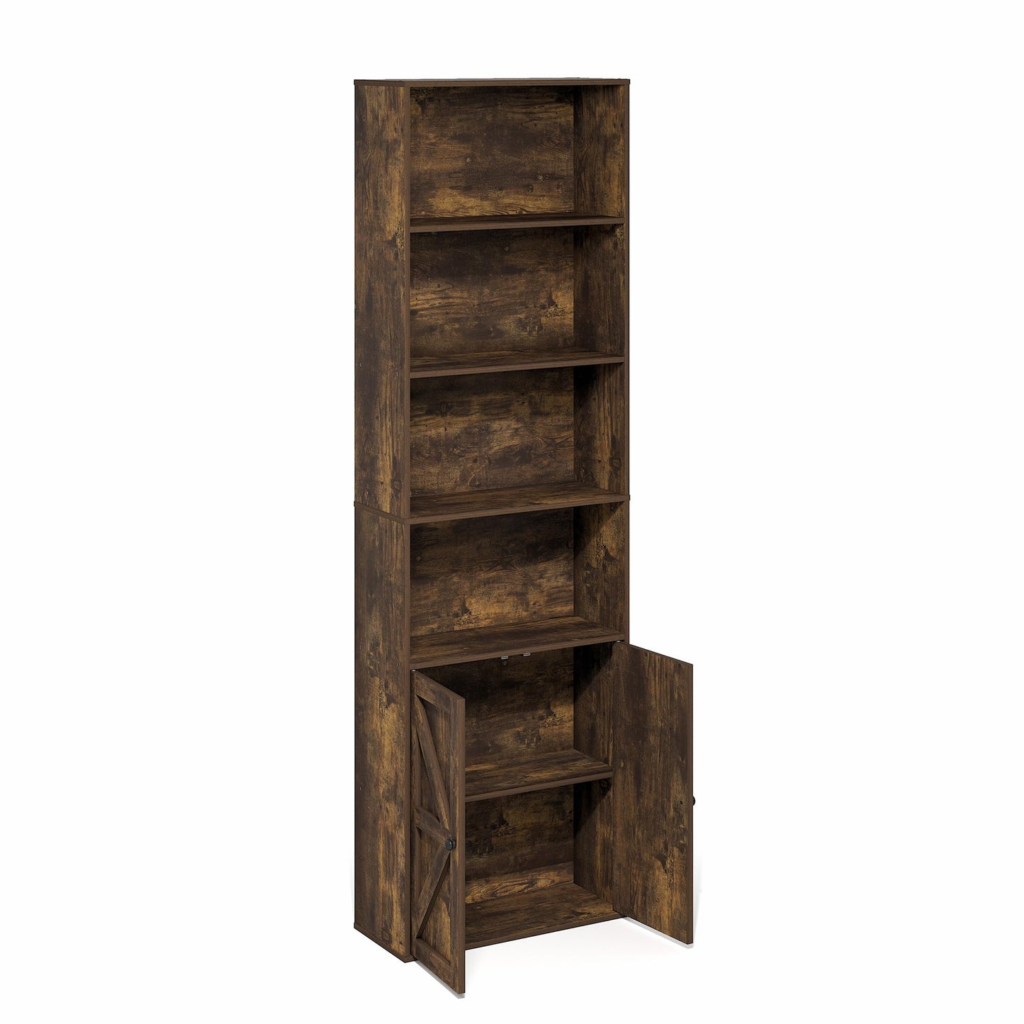 Furinno Jensen Book Shelf, 6-Tier Farmhouse Bookshelf, Display Bookcase with Doors, 9.2" x 21.6" x 71.2", for Organization and Storage, for Living Room, Bedroom, Home Office, Amber Pine