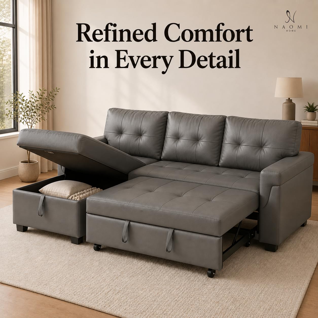 Naomi Home L Shaped Sectional Couch with Storage & Pull Out Bed – 3-in-1 Convertible Sleeper Sofa Bed, Small L Shape Sofa for Living Room, Sofa Bed with Storage Chaise in Gray, Air Leather