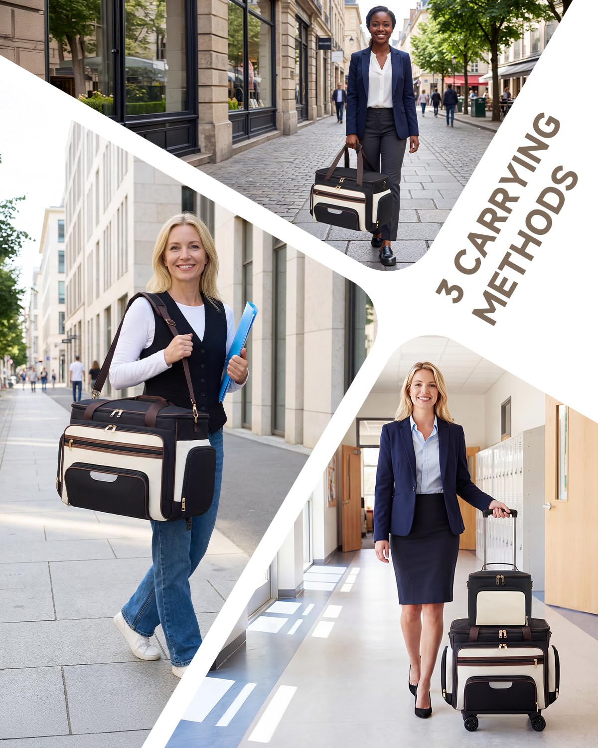 Amythe Rolling Teacher Tote Bag with Accordion File Organizer, 5-Wheel 15.6" Laptop Briefcase with Lunch Box, Wheeled Work Bag for Business, Office, Craft-Black