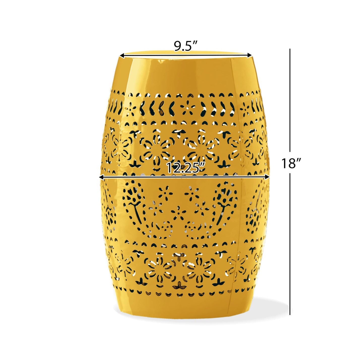 Christopher Knight Home Zoey Small Outdoor Side Table, Lace Cut Iron End Table, Metal Outdoor Stool, Hollow Drum Round Side Table, Decorative Garden Stool with Cutout Design for Patio Balcony, Yellow