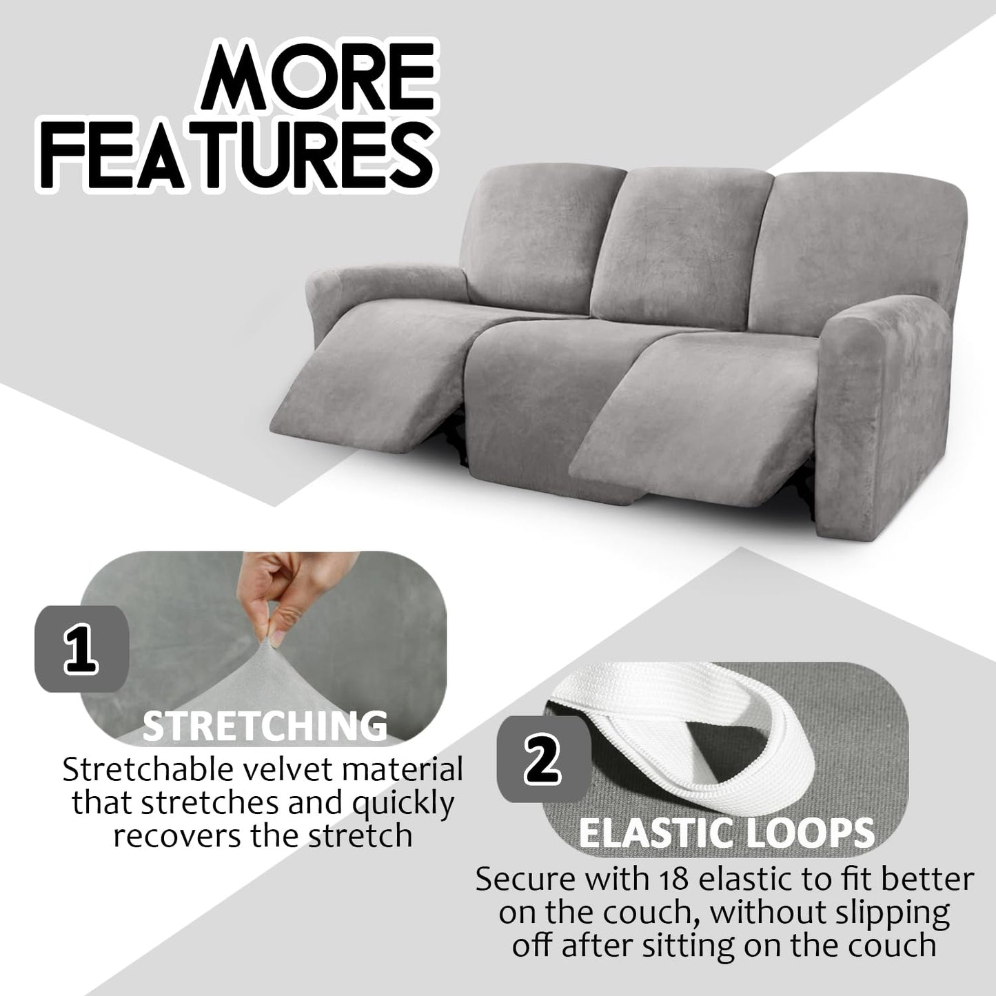 ULTICOR Velvet 8-Pieces Recliner Sofa Covers Stretch Reclining Couch Covers for 3 Cushion Reclining Sofa Slipcovers Furniture Covers Thick Soft Washable (3 Seater Recliner Cover, Light Grey)