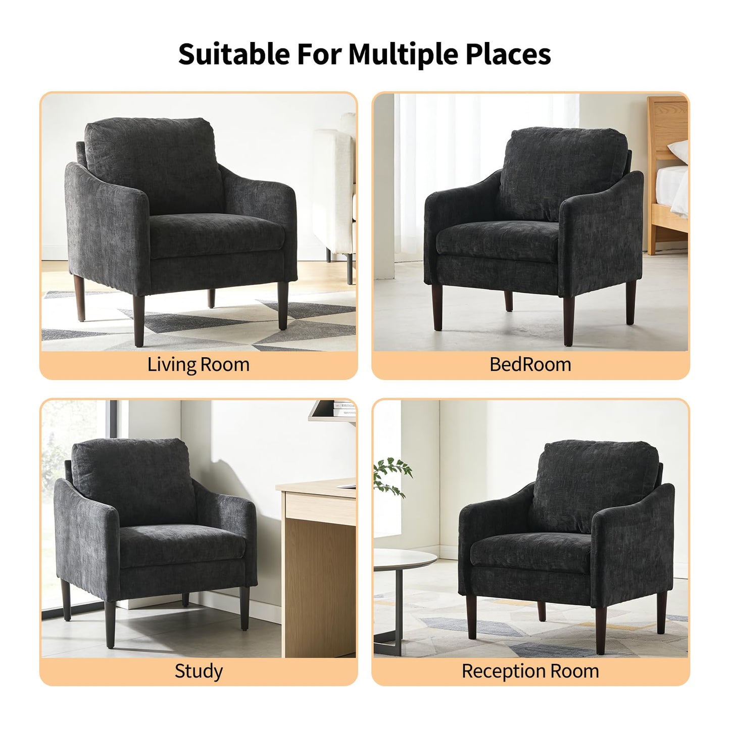 Mid-Century Modern Side Chair, Chenille Fabric Curved Armchair for Adults, Comfy Reading Chair, Modern Cloud Single Sofa Accent Chair for Bedroom, Living Room, Office & Waiting Room,Black