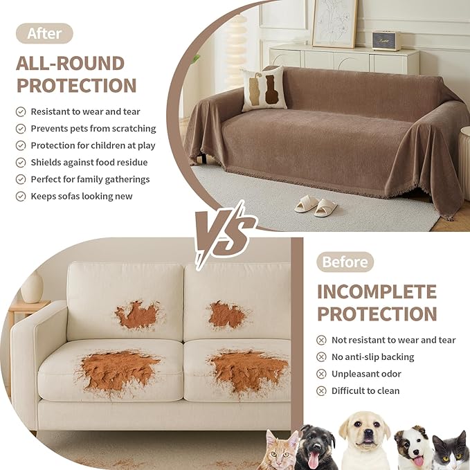 Couch Cover for Dogs, Boho Sofa Covers for 4 Cushion Couch, Chenille Sofa