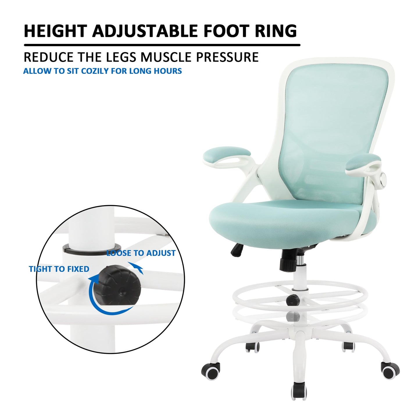 HYLONE Drafting Chair Tiffany Blue, Tall Office Chair Standing Desk Stool with Adjustable Height, Foot Ring, Flip-Up Arms, Mesh High-Back Office Chair, White