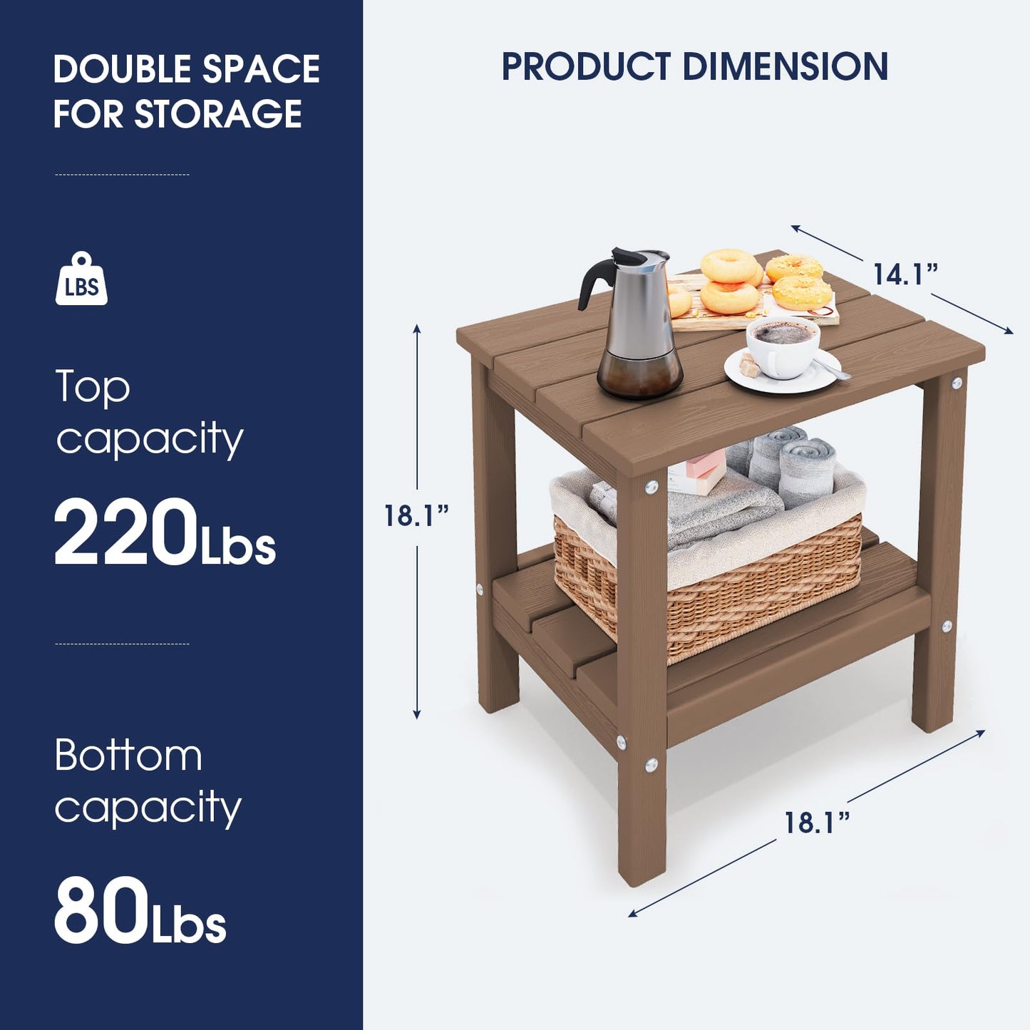 KINGYES Outdoor Side Table Set of 2, Double Layer Adirondack End Table- Brown