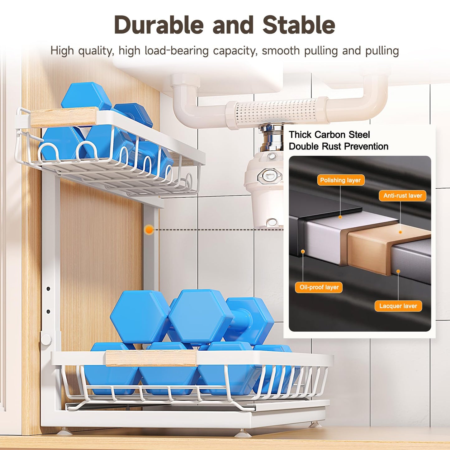 Sevenblue 2 Packs Under Sink Organizer, Height Adjustable 2 Tier Under Kitchen Sink Organizer, Multi-Purpose Storage Shelf for Kitchen Bathroom Cabinet (White, Large)