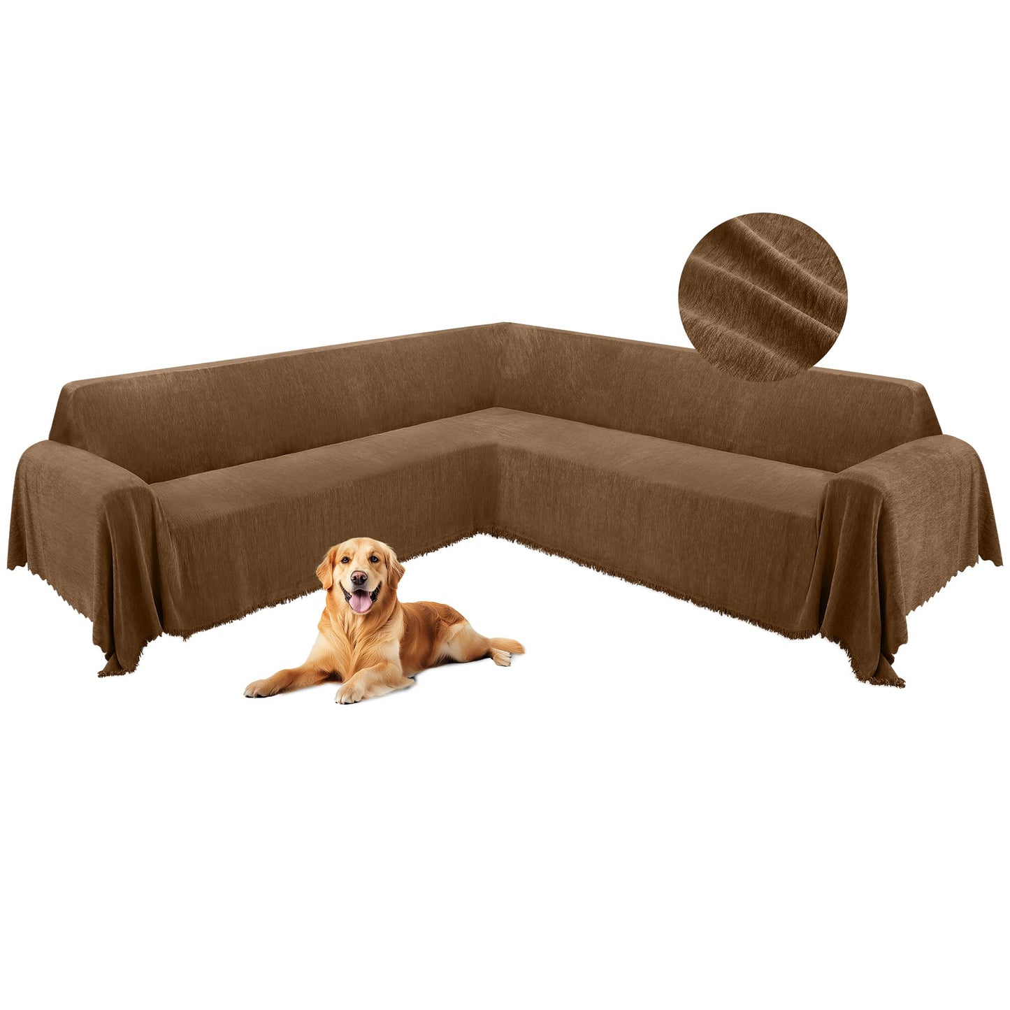 HDCAXKJ Corner Sectional Couch Covers for Dogs L Shape Sofa Cover with Tassel Chenille Super Soft Non Slip U Shaped Couch Cover Blanket Washable Sectional Slipcover Protector (Brown, 71x252 inch)