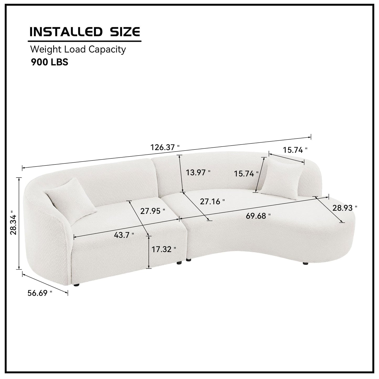 BBTJOINT Curved Sectional Chaise Sofa,Modern Minimalist Style, White Sherpa Fabric Upholstery,127'' Deep Seat Loveseat, Living Room Couch with Throw Pillows (Right Chaise Facing)