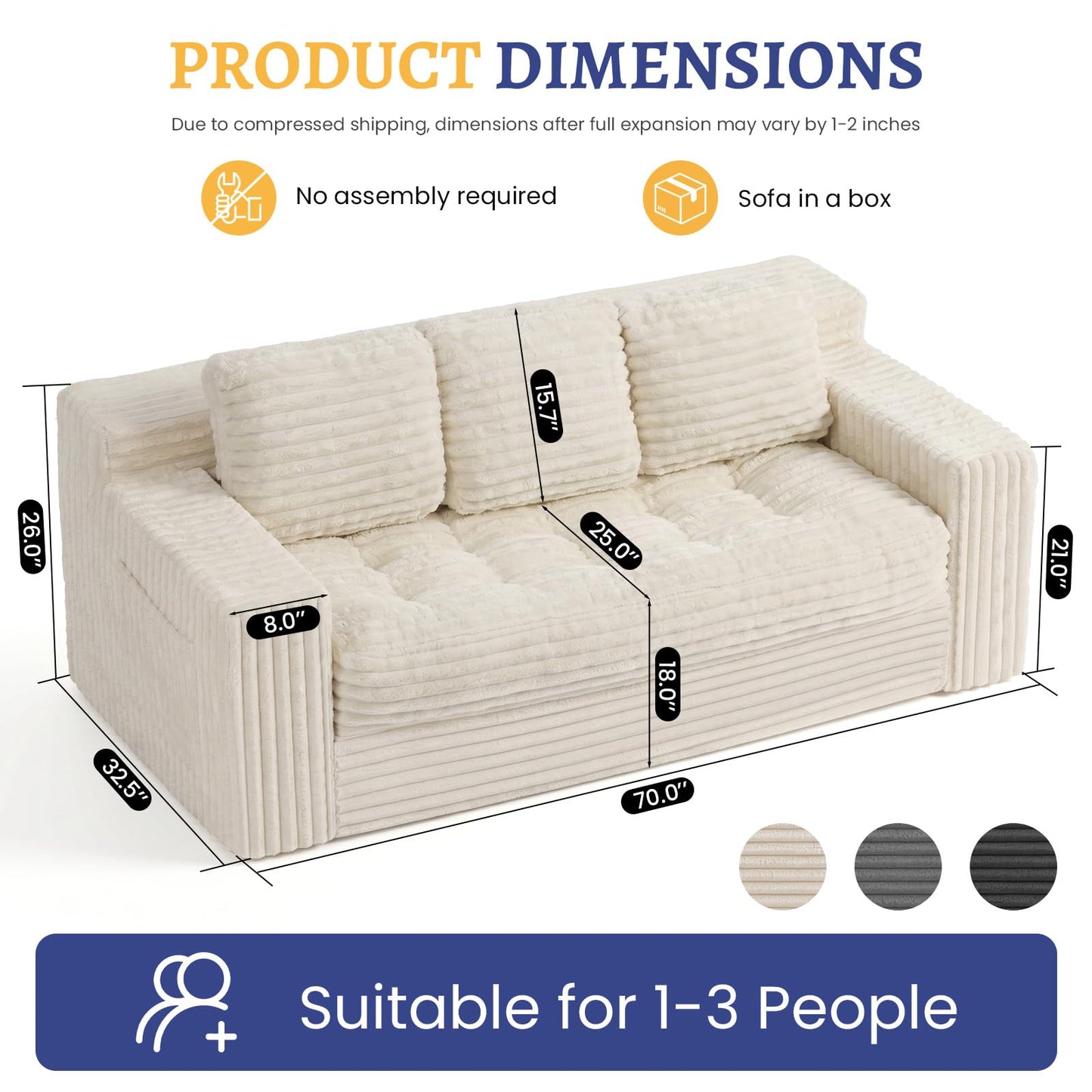 NLDD Boneless Couch, Cloud Loveseat Sofa Corduroy Couch in a Box, Upholstered Boneless 3 Seater Couch for Living Room Bedroom Office Apartment, No Assembly Required, Beige