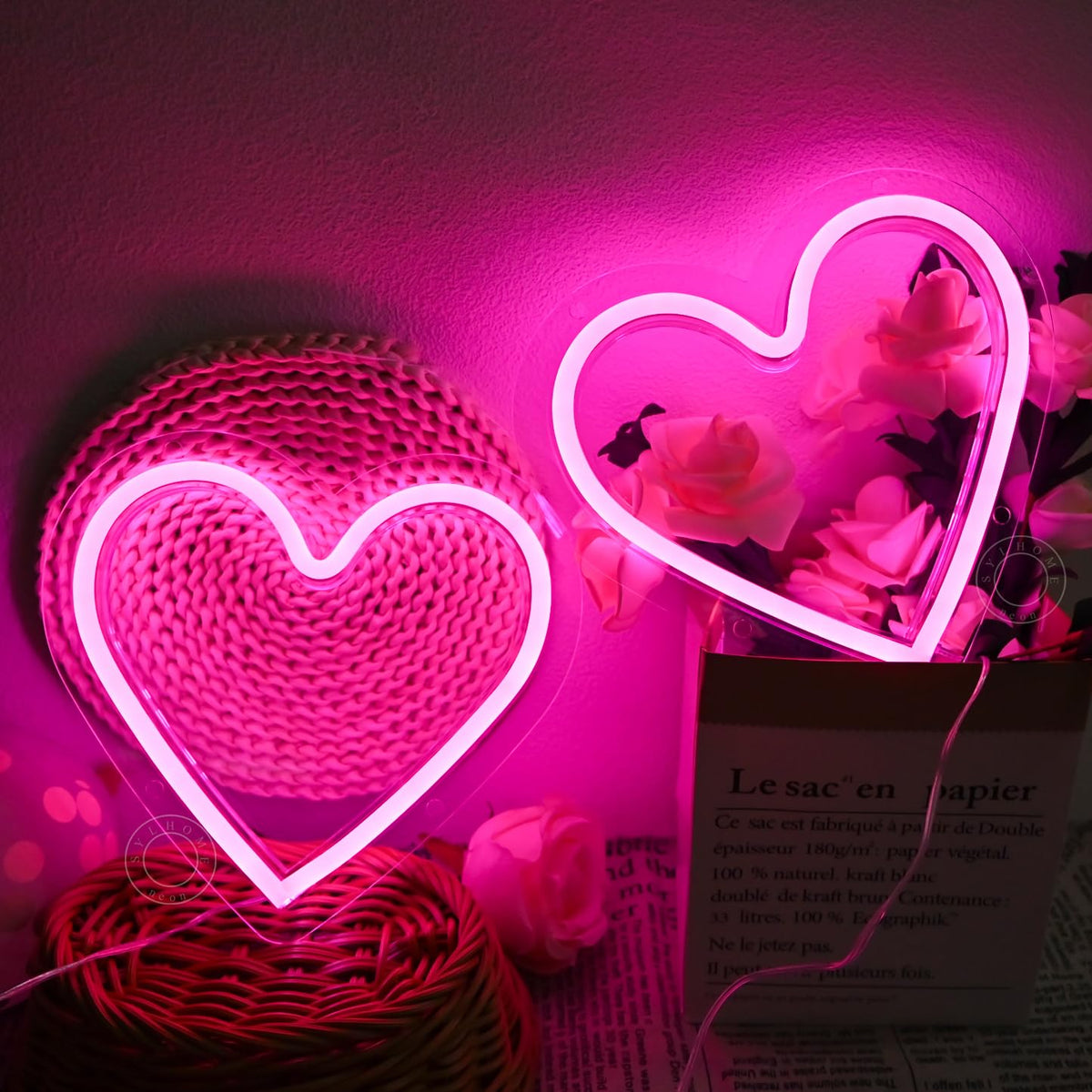 SYLHOME 2 Pack Heart Pink Led Neon Light Sign Battery Operated or USB Powered Bedroom Wedding Wall Sign Decor Valentines Day Birthday Christmas Gifts USB 7.87" X 7.28"