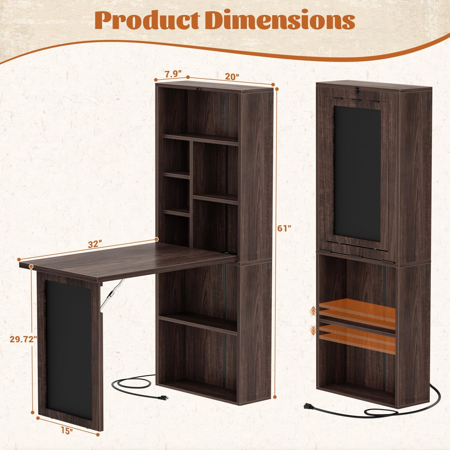 Armocity Small Folding Desk with Outlets, Convertible Writing Desk for Small Spaces/Home Office/Craft Room, Multi-Function Desk Workstation with Blackboard, Fold-Out Cabinet Table, Black Walnut
