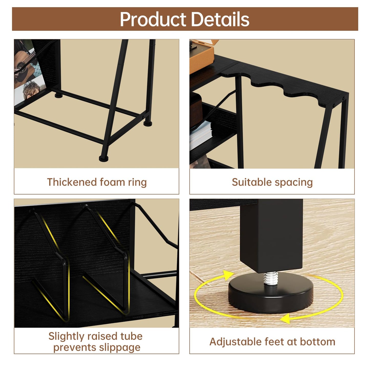 Hosfais Record Player Stand, 3 Tier Guitar Stand for Acoustic, Electric Guitar, Bass Stand, Vinyl Record Storage Up to 200 Albums, Brown Records Shelf for Living Room Bedroom (Black)