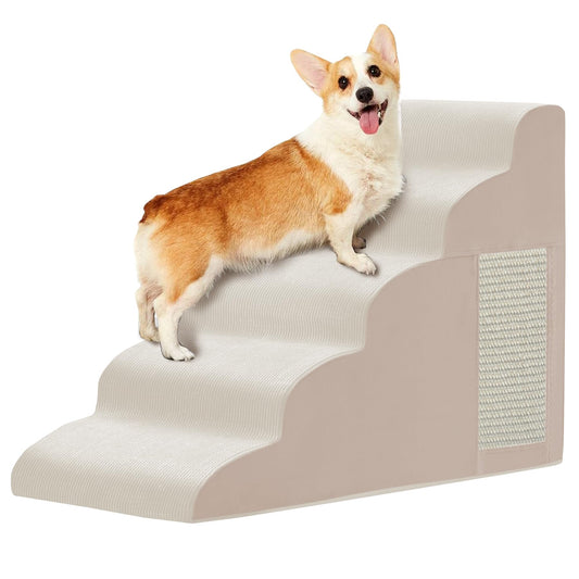 Pet Stairs, Dog Stairs for Small Dogs, Dogs Steps, 5-Step Curved Dog Ramp for Bed, Couch, Sofa, Car and Chairs, Non-Slip Bottom Design, Cat Scratching Board, High Density Foam Portable Pet Step, Beige