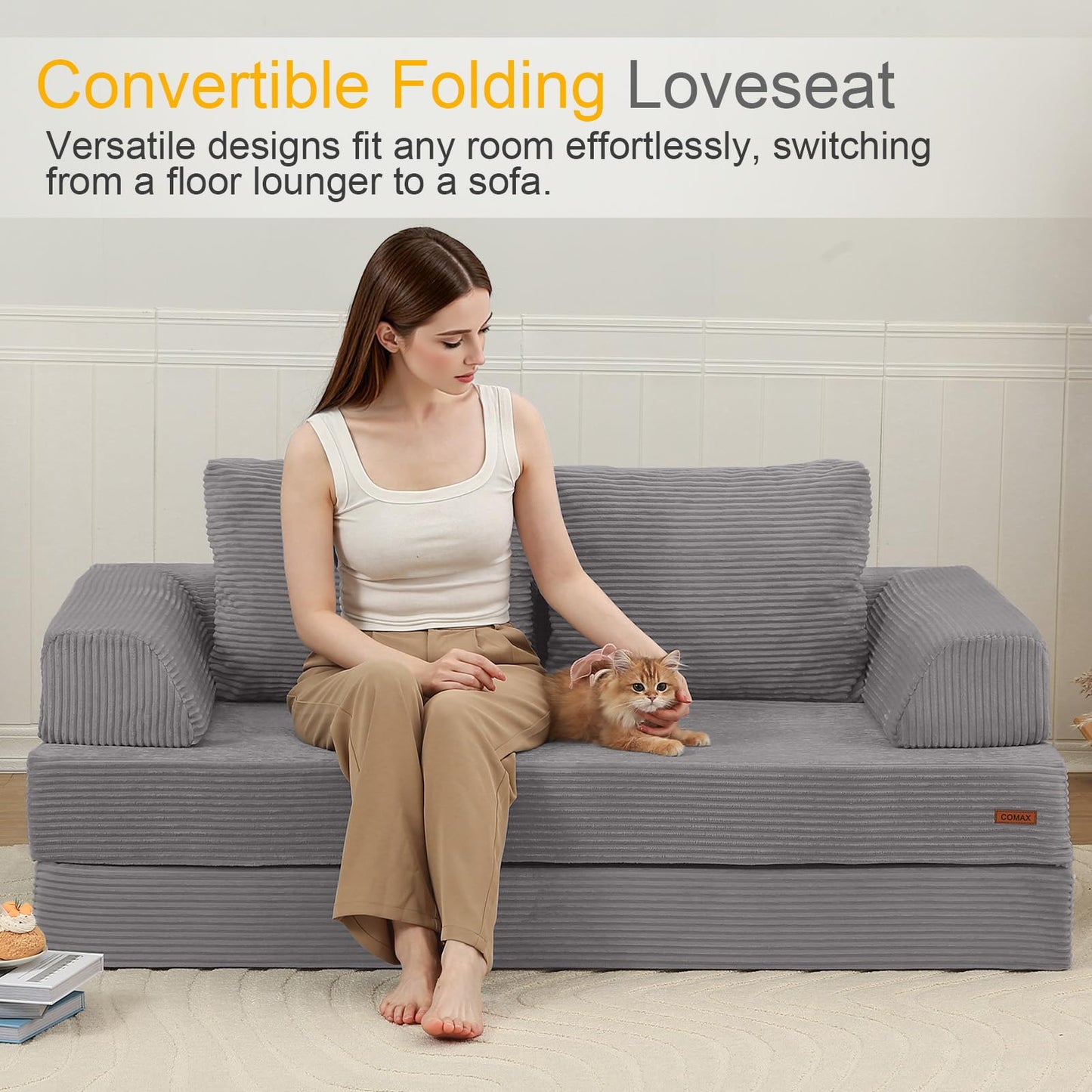 COMAX Convertible Sofa Bed, Folding Floor Couch Corduroy Fold Out Couch Bed Futon Sleeper Mattress with Pillows, Boneless Sofa Comfy Lounge Loveseat for Living Room Bedroom, Light Grey