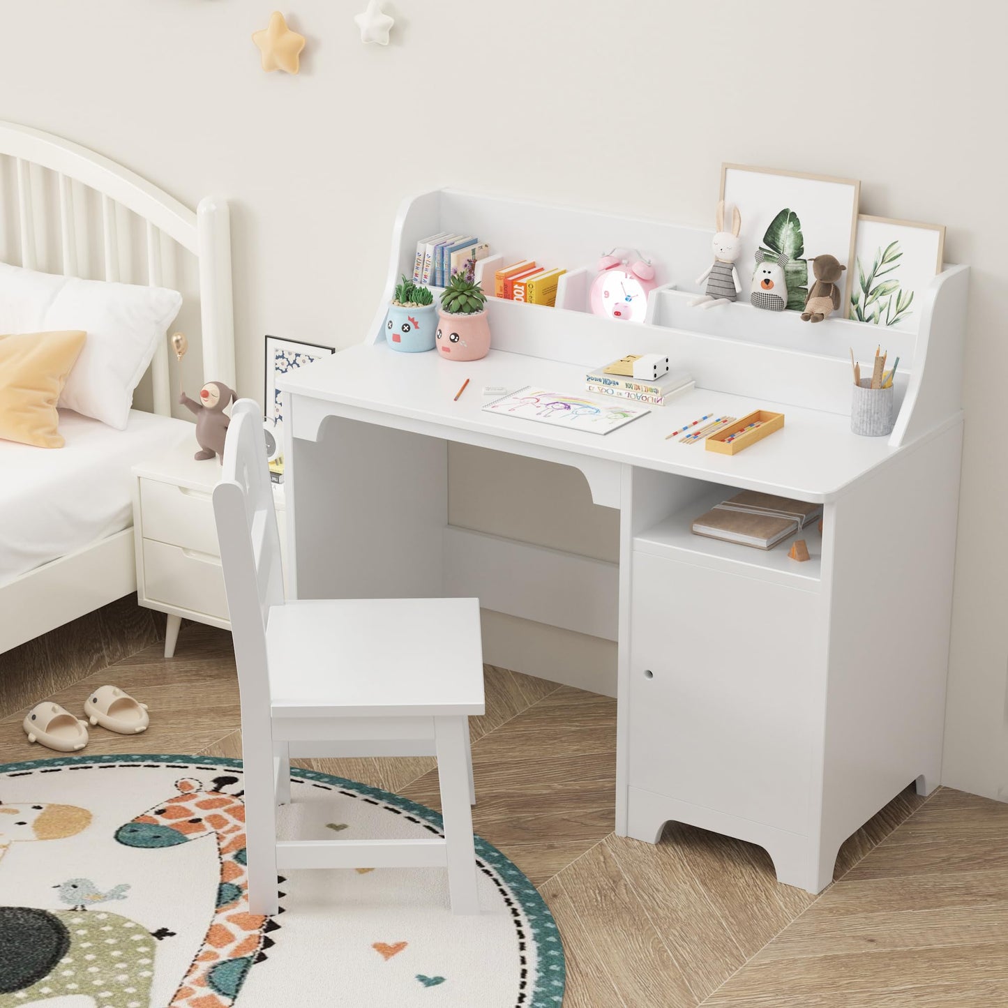 Garvee Kids Study Desk with Chair,Wooden Children Study Table with Hutch and Storage Cabinet for Boys Girls 3-12 Year Old, Student Writing Desk Computer Workstation for Kids Bedroom