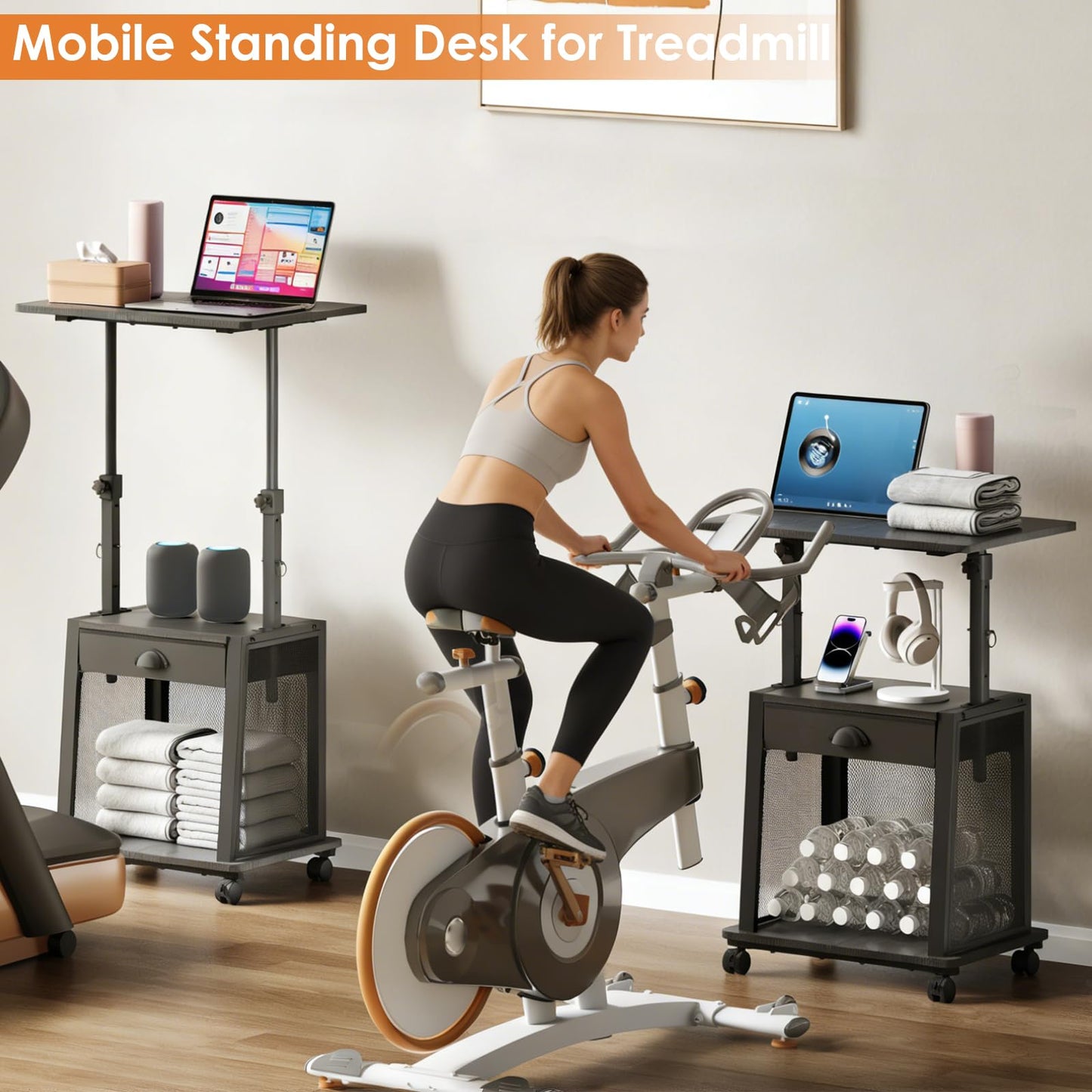 Height Adjustable Standing Desk with Wheels,Mobile Sit Stand Up Desk with Drawer,Rolling Laptop Computer Desk with storage,Portable Podium Teacher Stand Desk,Narrow Walking Pad Desk for Home Office