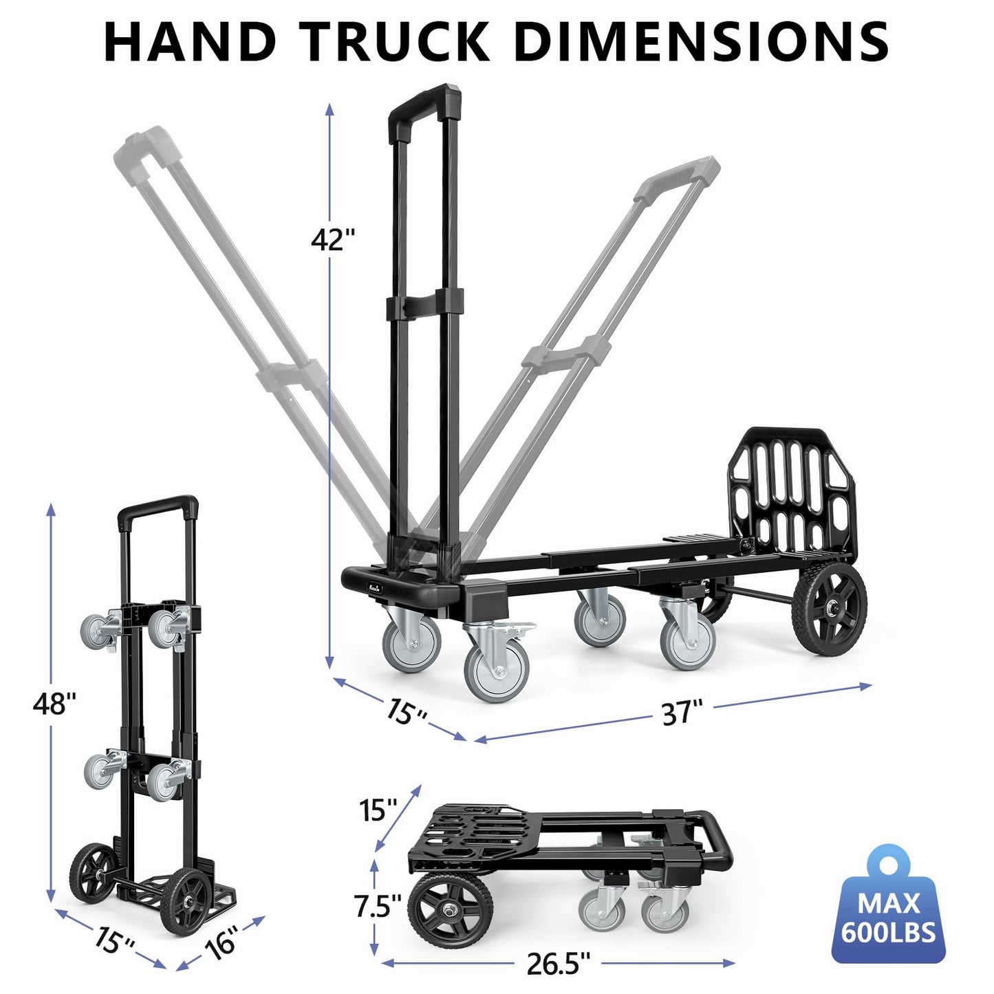 KEDSUM 3-in-1 Convertible Dolly Cart with Wheels, 600LBS Heavy Duty Hand Truck Dolly, Hand Truck with Adjustable Handle Angle & Expandable Base for Home,Warehouses,Dorm, 6-Wheel Design with Brakes