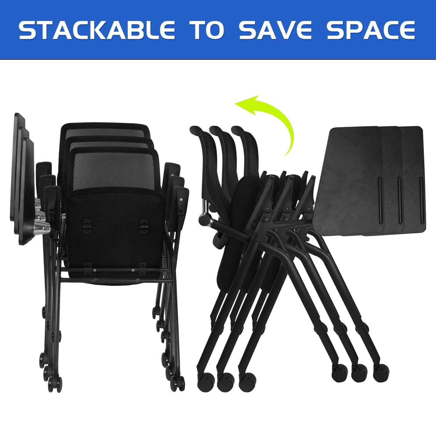 BLANEDUO Updated Conference Room Chairs with Tablet Arm, Folding Office Desk Chair with Lumbar Support and Sliding Armrest with Casters, Stackable Office Guest Chairs & Reception Chairs, 1 Pack Black