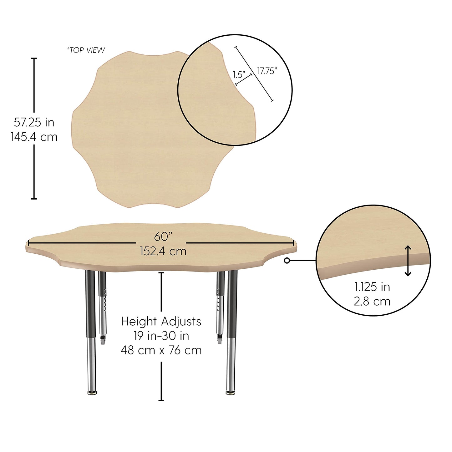 FDP La Madera Flower Activity Table (60 inch), Mobile-Capable Super Legs with Glides and Casters, Adjustable Height 19-30 inches Modern Professional Woodgrain Tabletop - Asian Sand/Silver