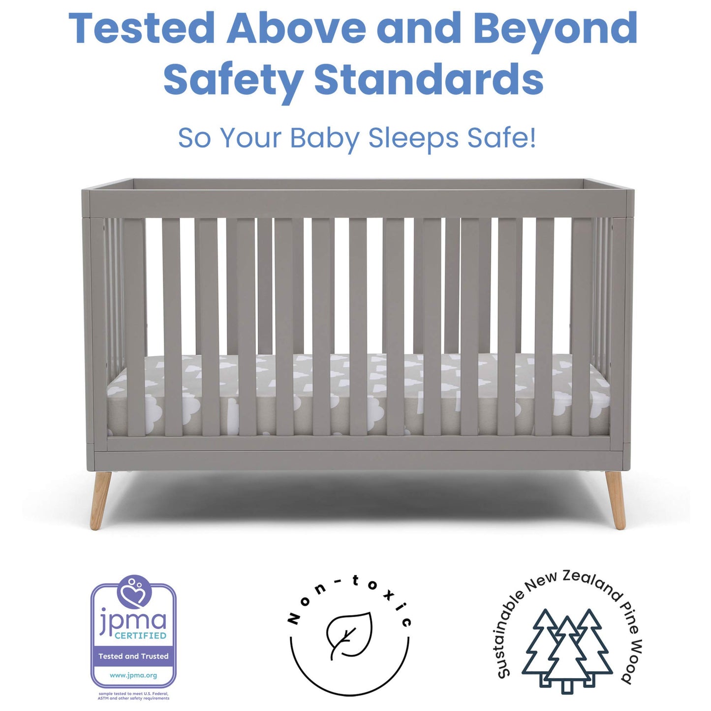 Delta Children Essex 4-in-1 Convertible Baby Crib, Grey with Natural Legs + Delta Children Twinkle Galaxy Dual Sided Recycled Fiber Core Crib and Toddler Mattress (Bundle)