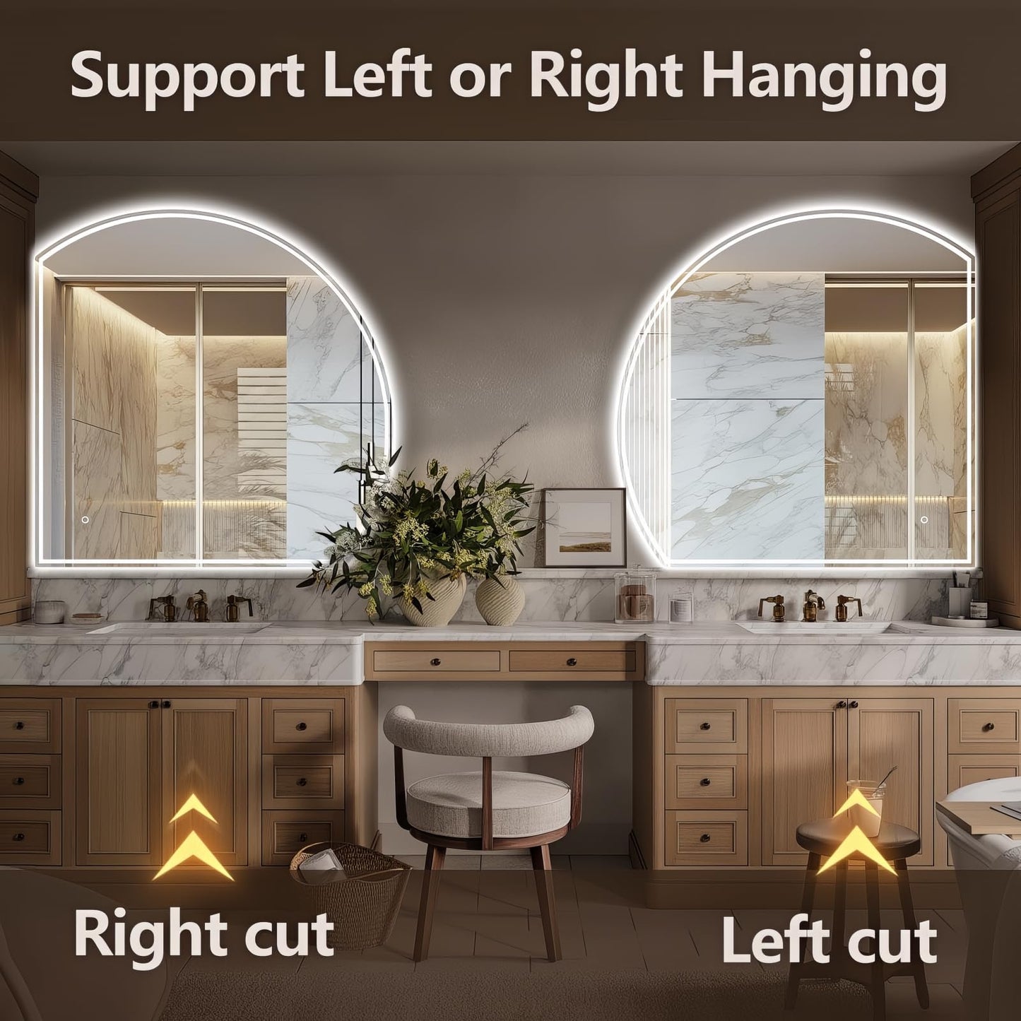 Niccy 32" Half Moon LED Mirror for Bathroom, Backlit/Front Lighted, Irregular 1/4 Round Lighted Mirrors with Bedroom Wall-Mirror, Frameless-Mirror for Entryway, Anti-Fog, Dimmable, Makeup-Mirror