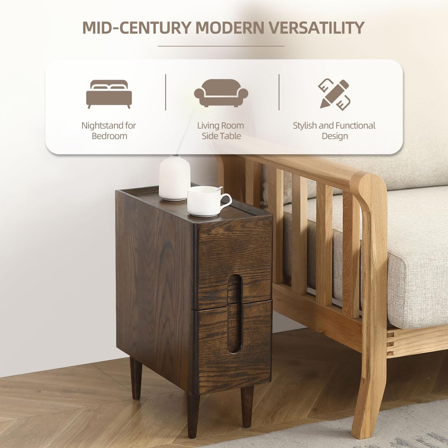 Fetuero Solid Wood Bedside Table Nightstands, Slim Narrow Oak Real Wooden Mid-Century Modern End Table with Drawers Luxury Side Table Durable Cabinet Organizer Furniture, Walnut Color 7.87in Wide