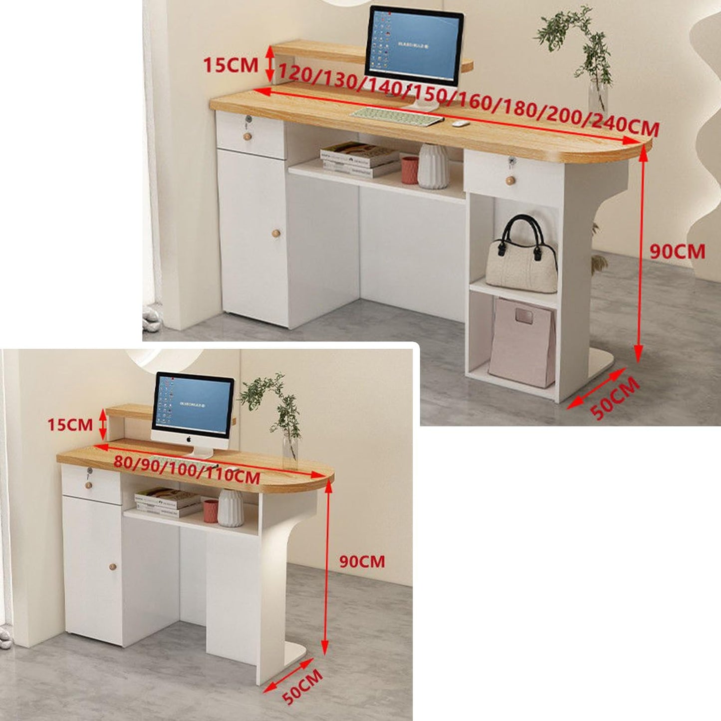 JQslycdmv Reception Desk, Lockable Drawers & Keyboard Tray, Display Cabinet with Lighting, for Checkout, Barber, Beauty Salon, Home Office(White – Left,80cm)
