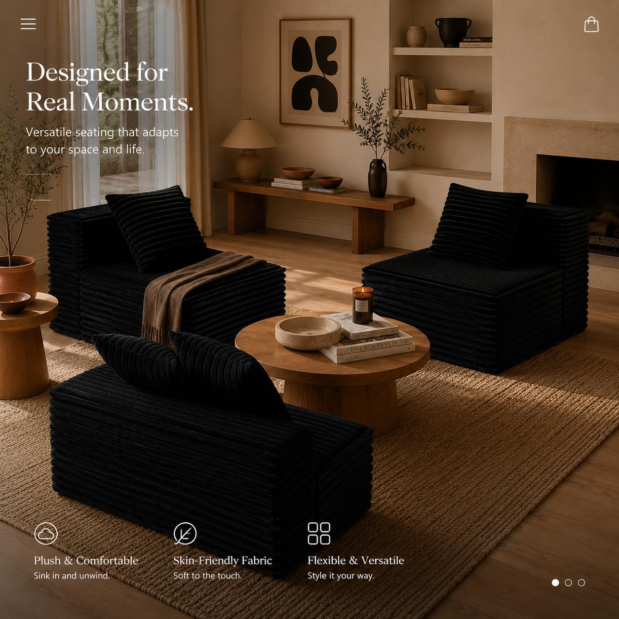 TIRUSS Black 38.58'' Armless Middle Modular Sofa Module, Boneless Fluffy Corduroy Cloud Chair, Detachable Sectional Couch Seat for Living Room Small Spaces