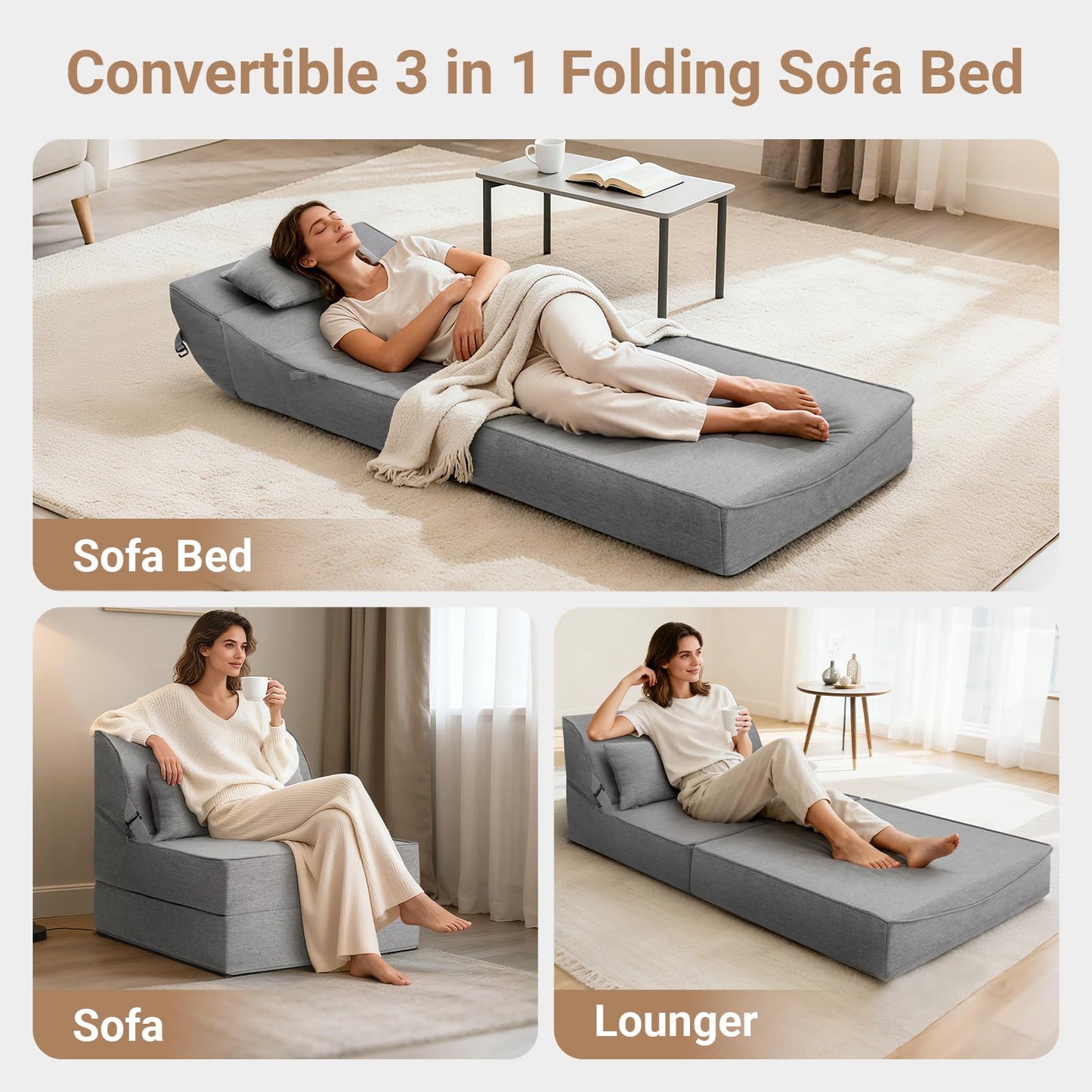 BeBen Folding Sofa Bed Chair, Convertible Sleeper Chair Futon Couch, Foldable Boneless Floor Lounge Sofa, Single Foam Chair Bed for Small Spaces, Dorm, Guest Room, Living Room, Apartment, Dark Grey