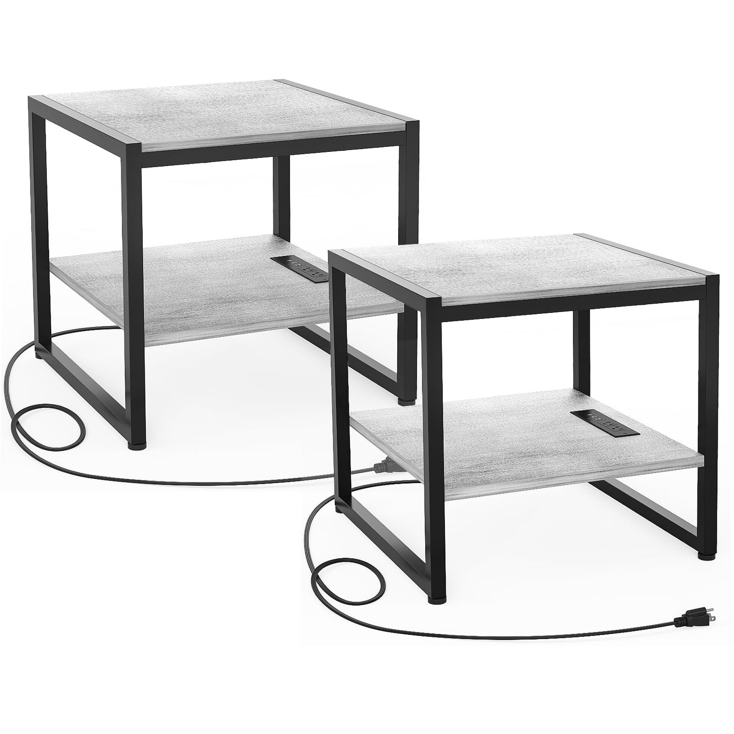 Homieasy End Table with Charging Station, 20" Mini Fridge Stand with Power Outlets, Heavy Duty Side Table for Living Room, Small Table Stand & Fridge Table, Light Oak, 2 Pack