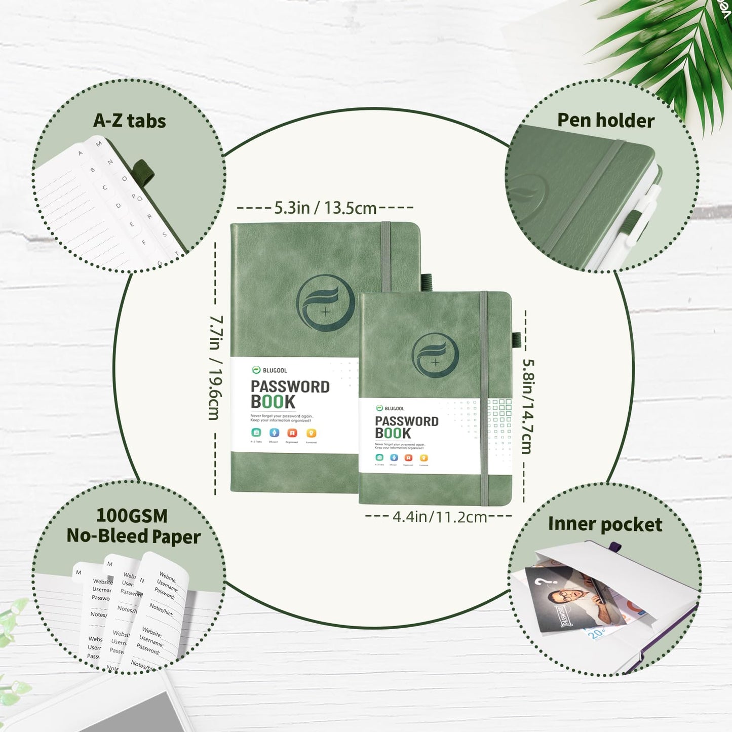 Password Book with Alphabetical Tabs, Hardcover Password Keeper, Password Notebook Organizer for Computer and Internet Address Website Login, Gifts for Home and Office, 5.3''x 7.7''- Green