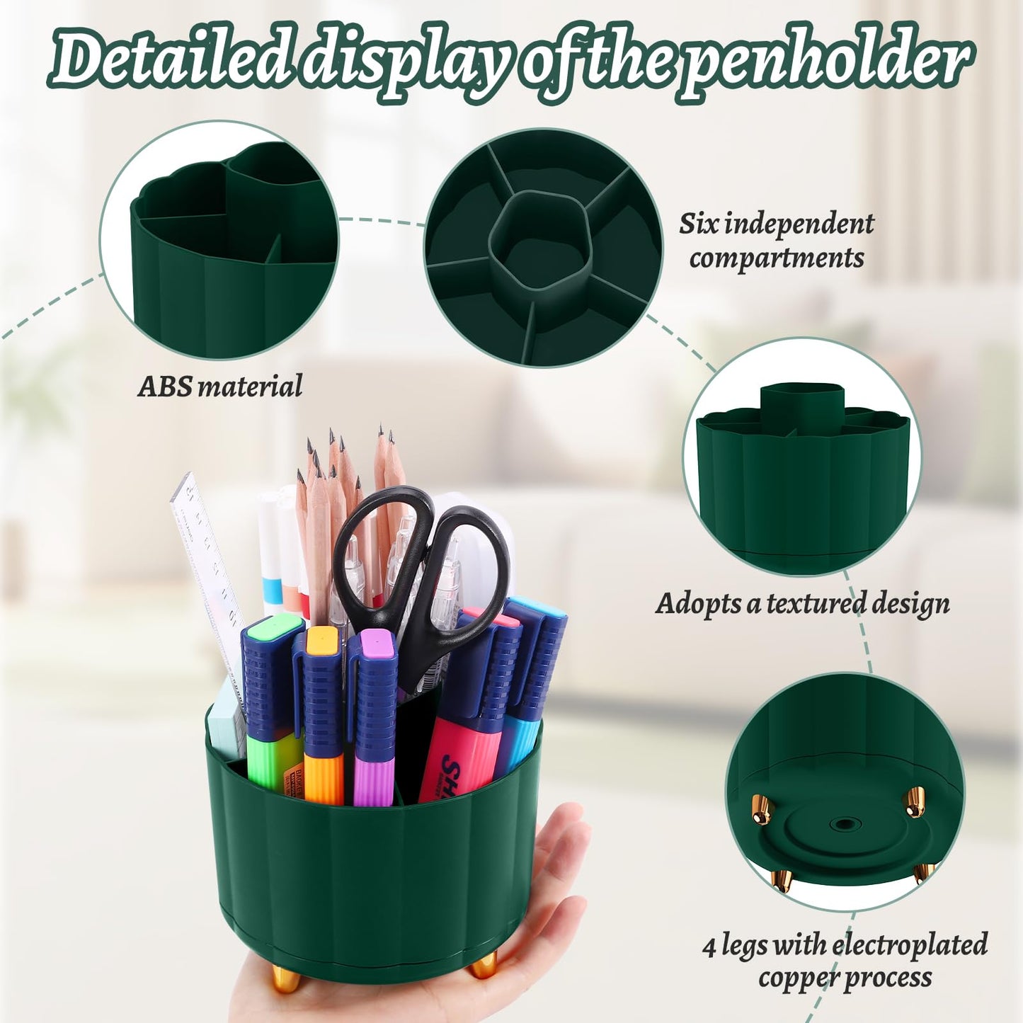 IVEETTY Desktop Organizer 360 Rotating, with 6 Slots Pen & Pencil Holder, Desk Caddy for Markers, pen, pencil, Space Saving Office Organization, Small Desk Essentials, Work Home, Green