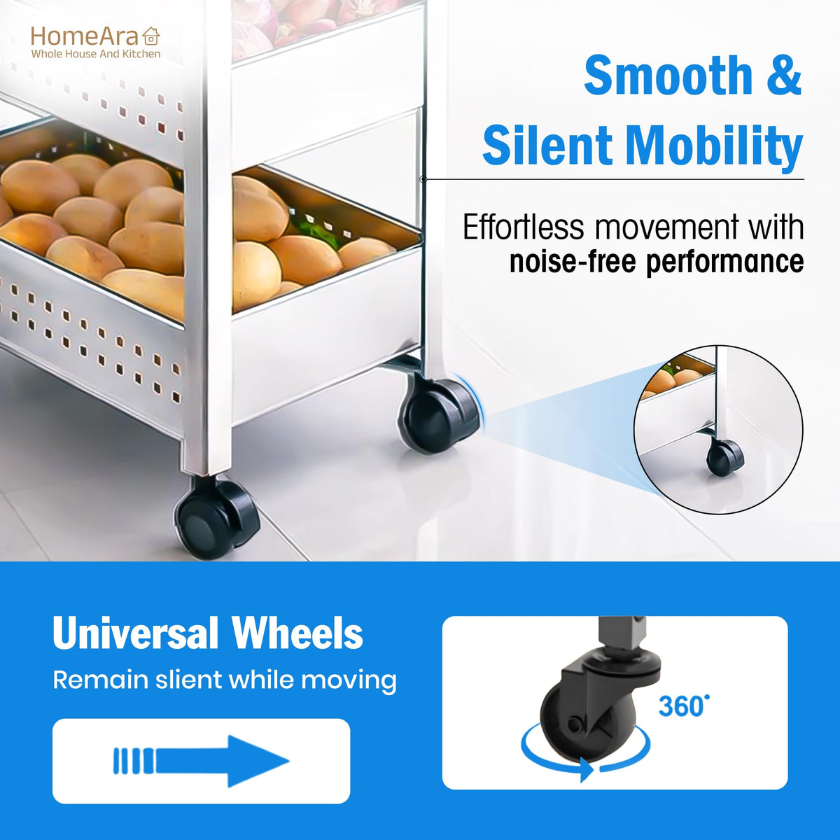 HomeAra 2-Tier Rolling Utility Cart with Wheel, Metal Storage Trolley Organizer for Kitchen, Office, Portable Multi Purpose Storage Rack Shelf, Movable Kitchen Pantry Laundry Organizer Cart, Silver